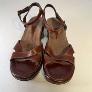 Dansko Brown Leather Wedge Sandals -Ankle Strap Comfort - Size 38 (US 7.5-8)